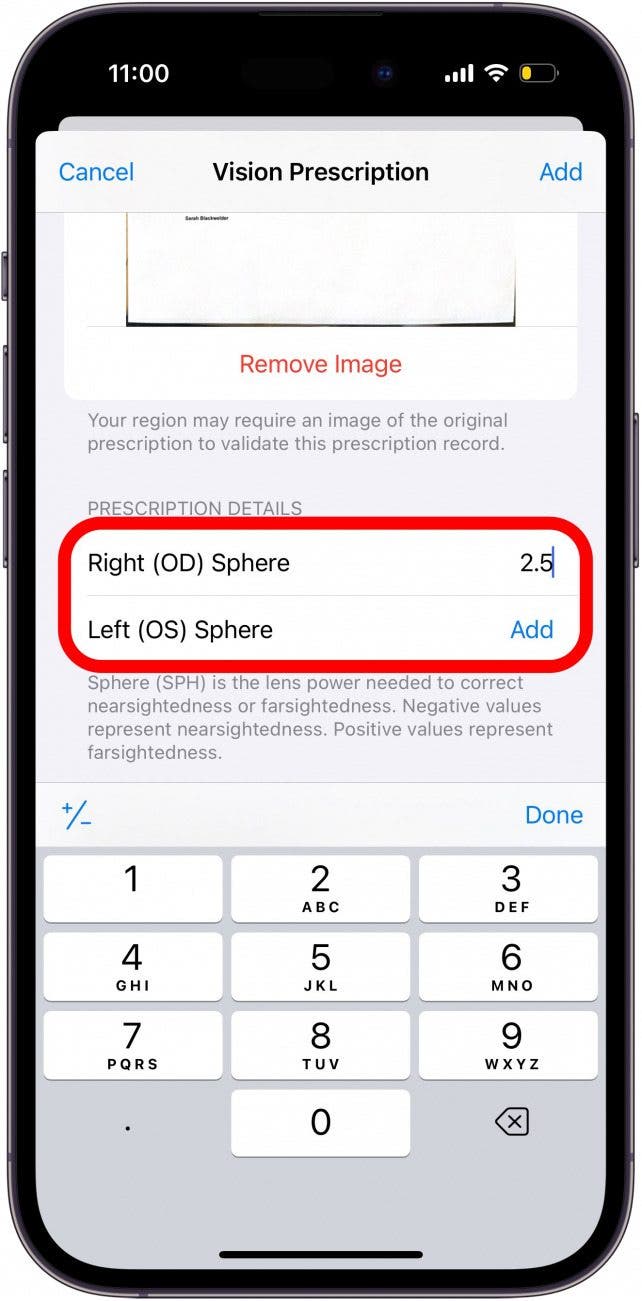 iphone vision prescription screen with right and left sphere details circled in red