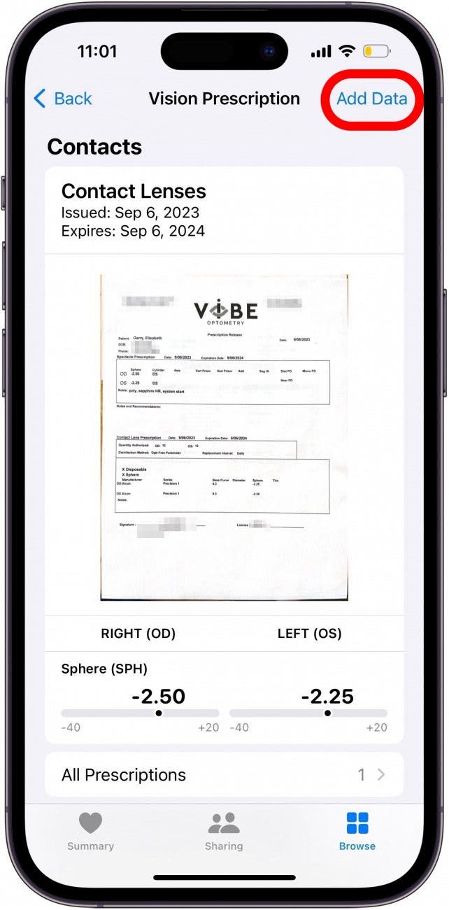 iphone vision prescription screen showing scan of paper prescription with Add Data button circled in red