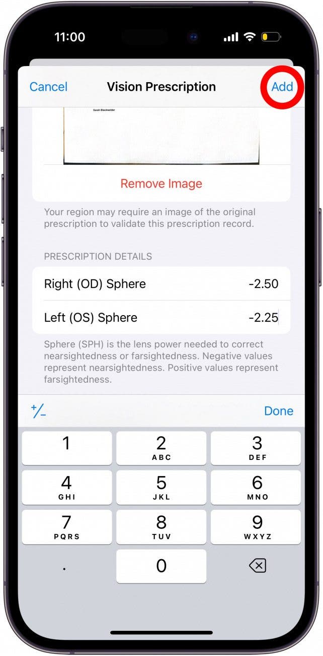 iphone vision prescription screen with add button circled in red