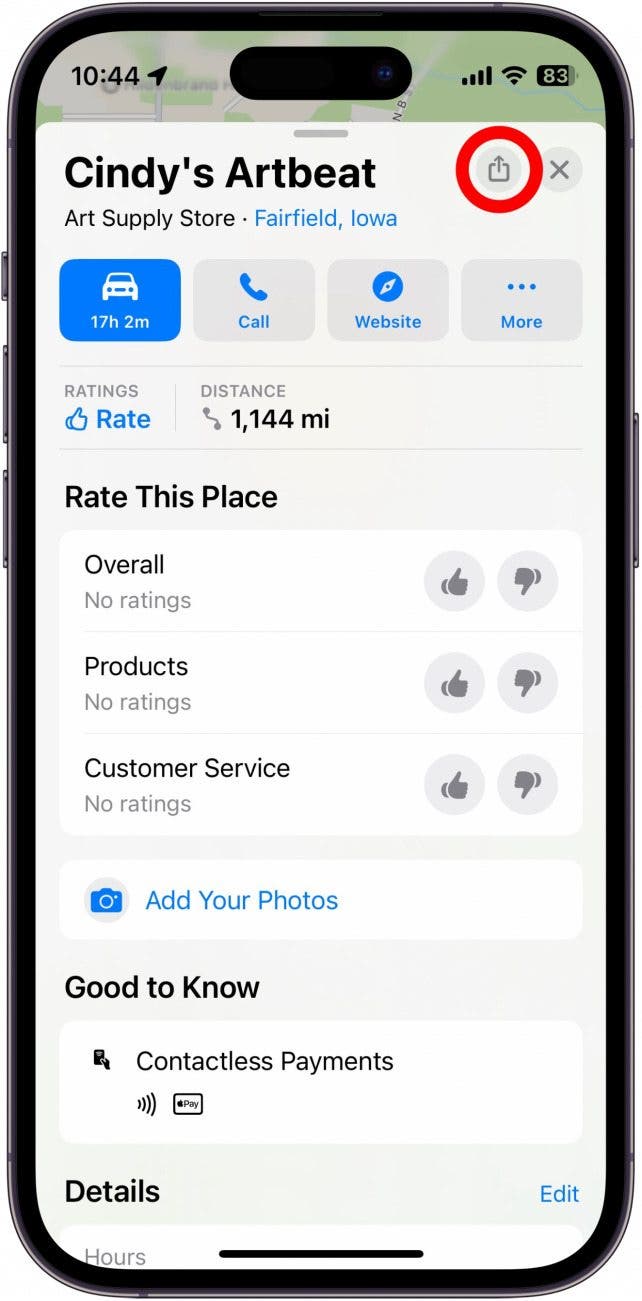 apple maps result for cindy's artbeat with share button circled in red