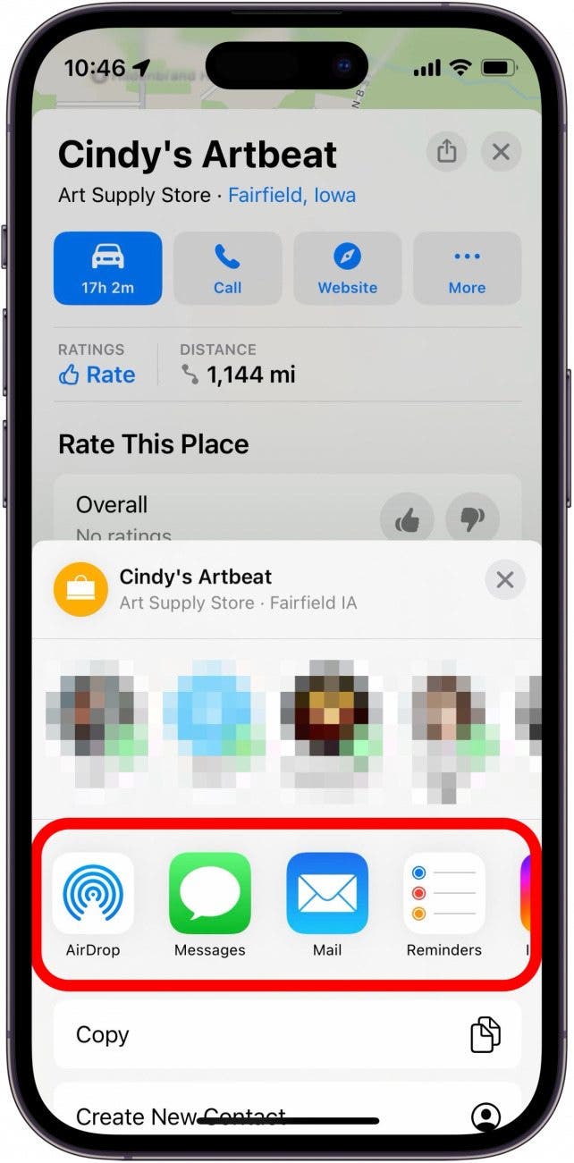 apple maps result for cindy's artbeat displaying share sheet with sharing options circled in red