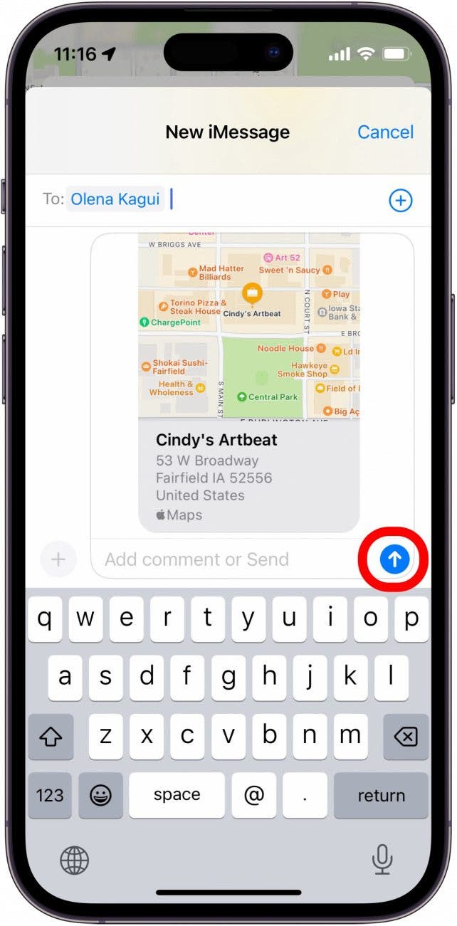 iphone messages app with apple maps link attached and send button circled in red