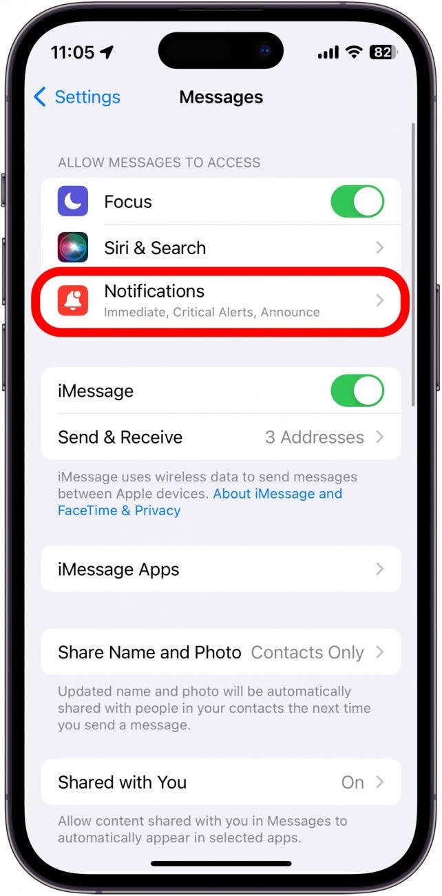 iphone message settings with notifications circled in red