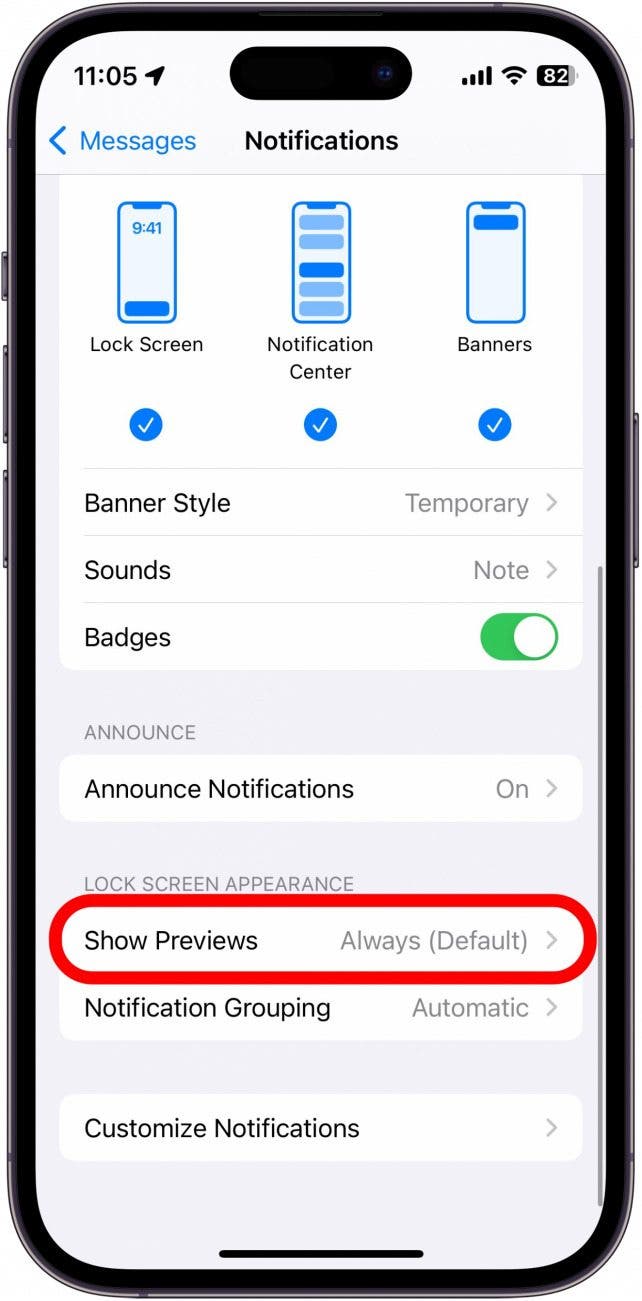 iphone message notification settings with show previews circled in red