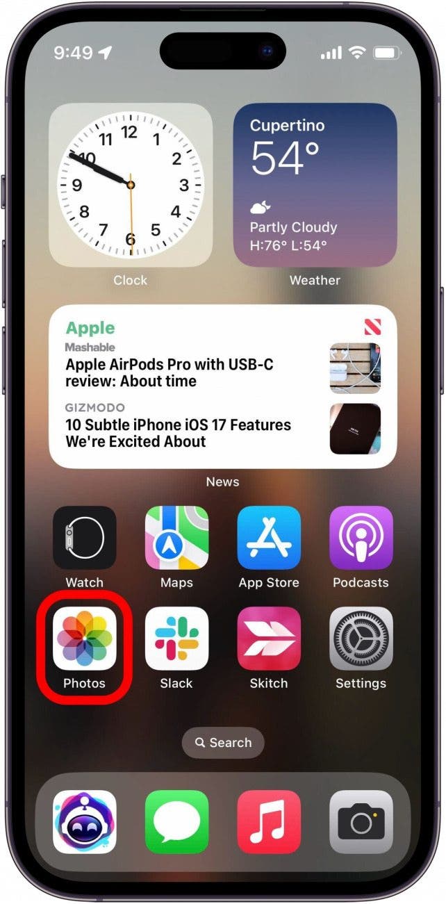 iphone home screen with photos app circled in red