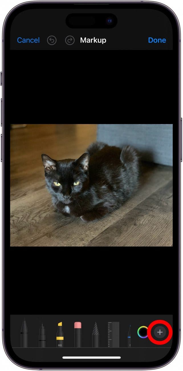iphone photo markup screen with plus button circled in red