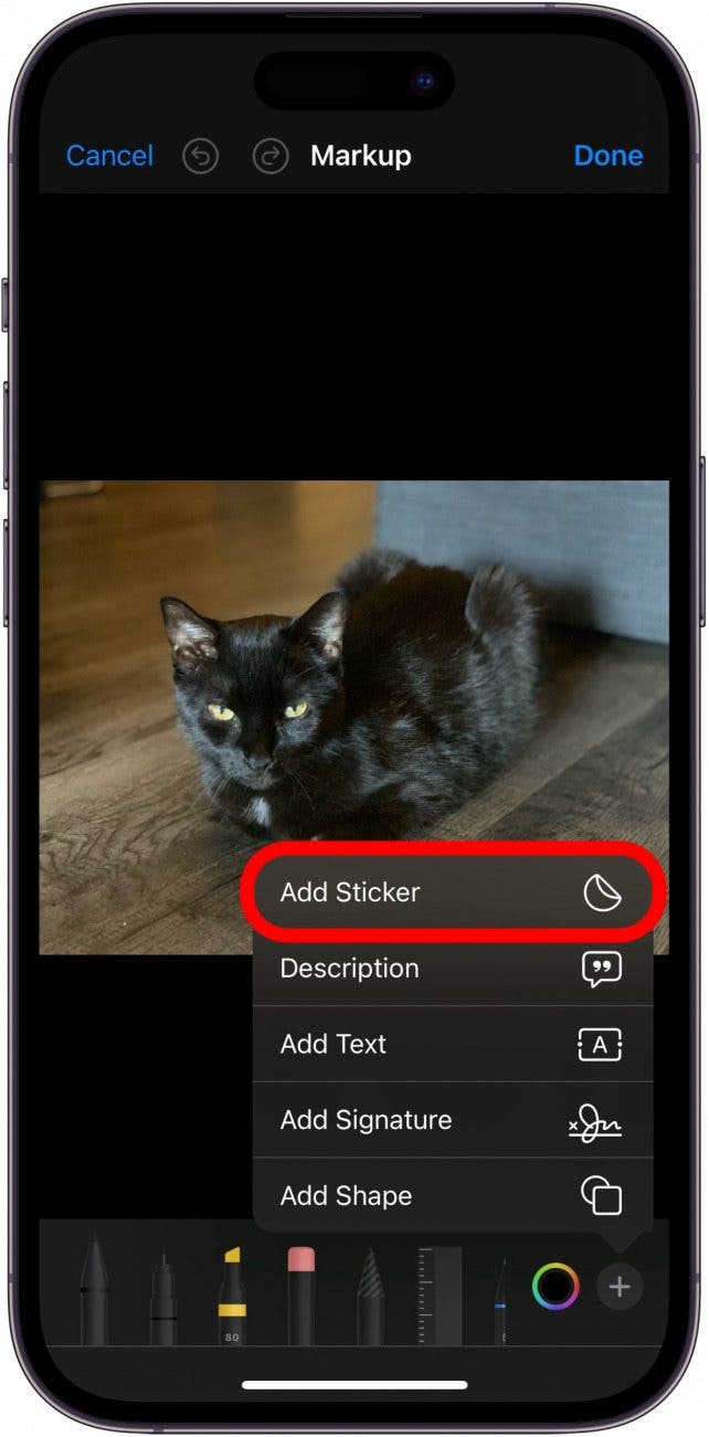 iphone photo markup screen with add sticker button circled in red