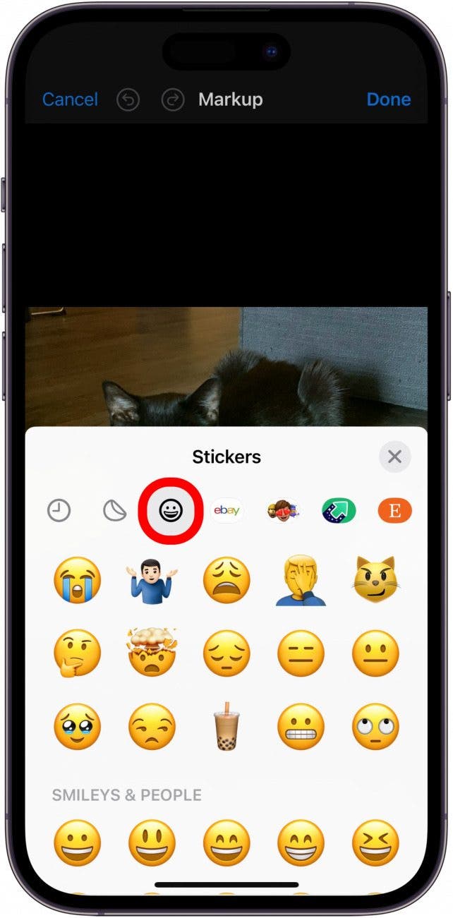 iphone photo stickers with emoji tab circled in red