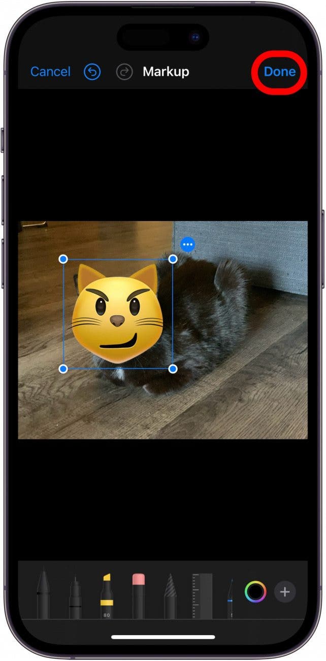 iphone photo markup screen with enlarged cat emoji covering a real cat's face in photo with done button circled in red