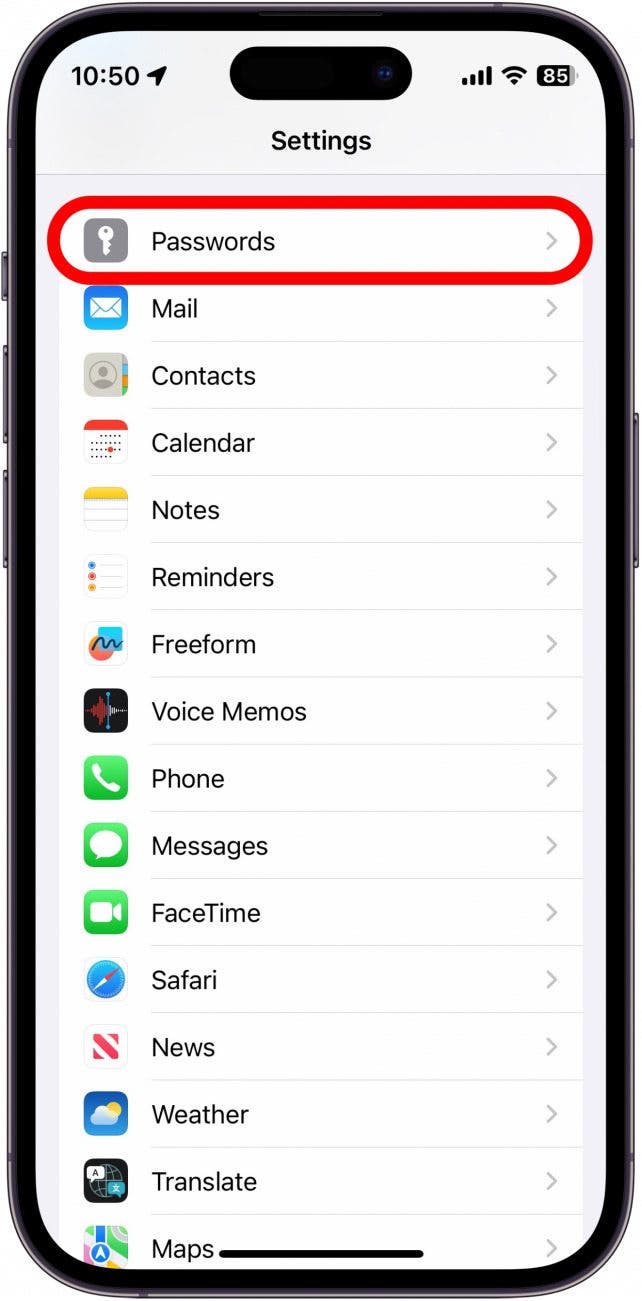 iphone settings with passwords option circled in red