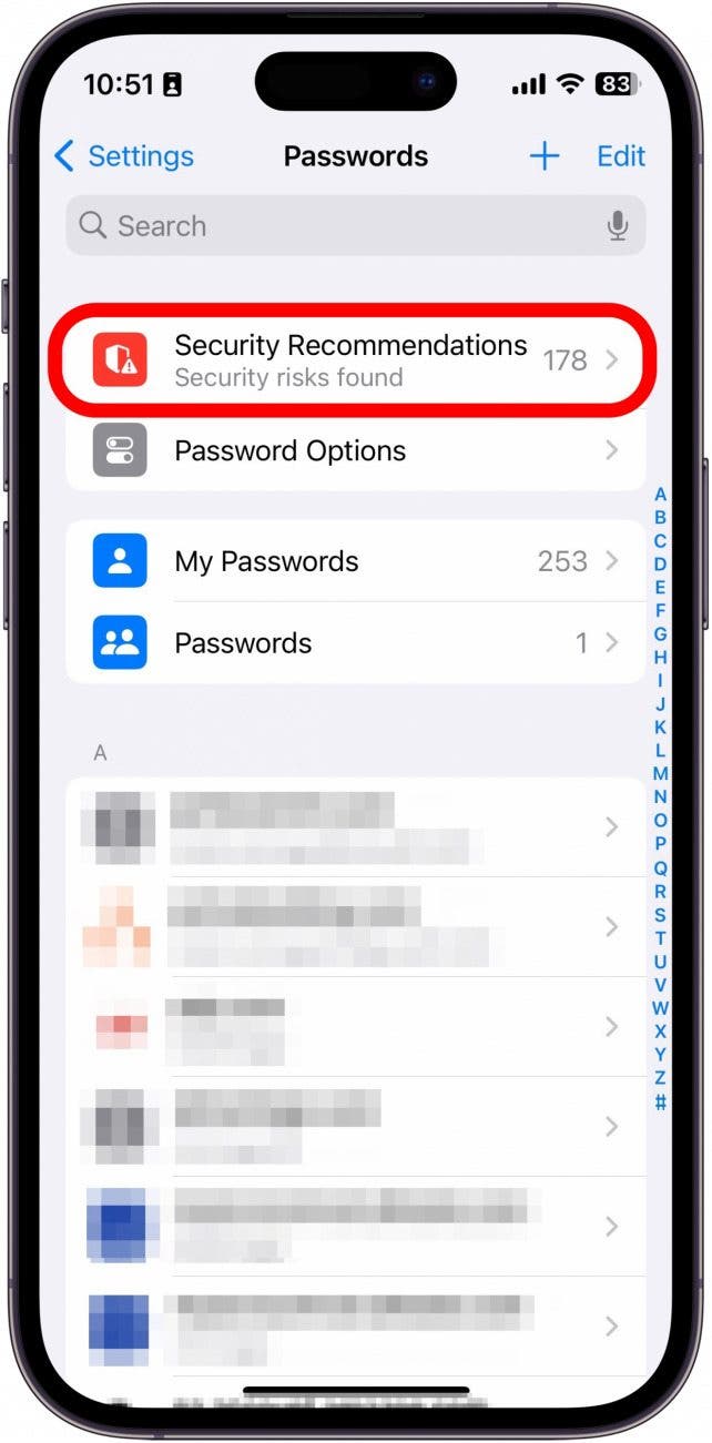 iphone password settings with security recommendations button circled in red