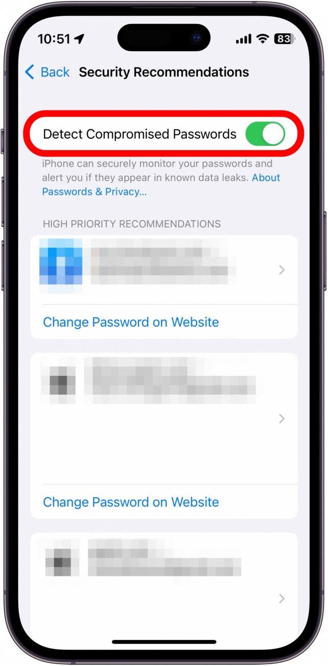 iphone security recommendations with detect compromised passwords toggle circled in red