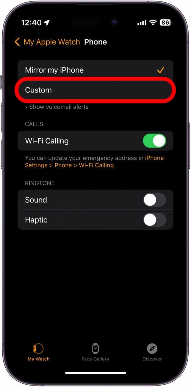 apple watch phone settings with custom circled in red