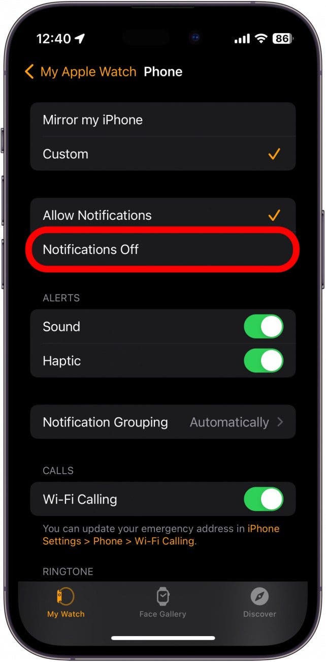 apple watch phone settings with notifications off circled in red