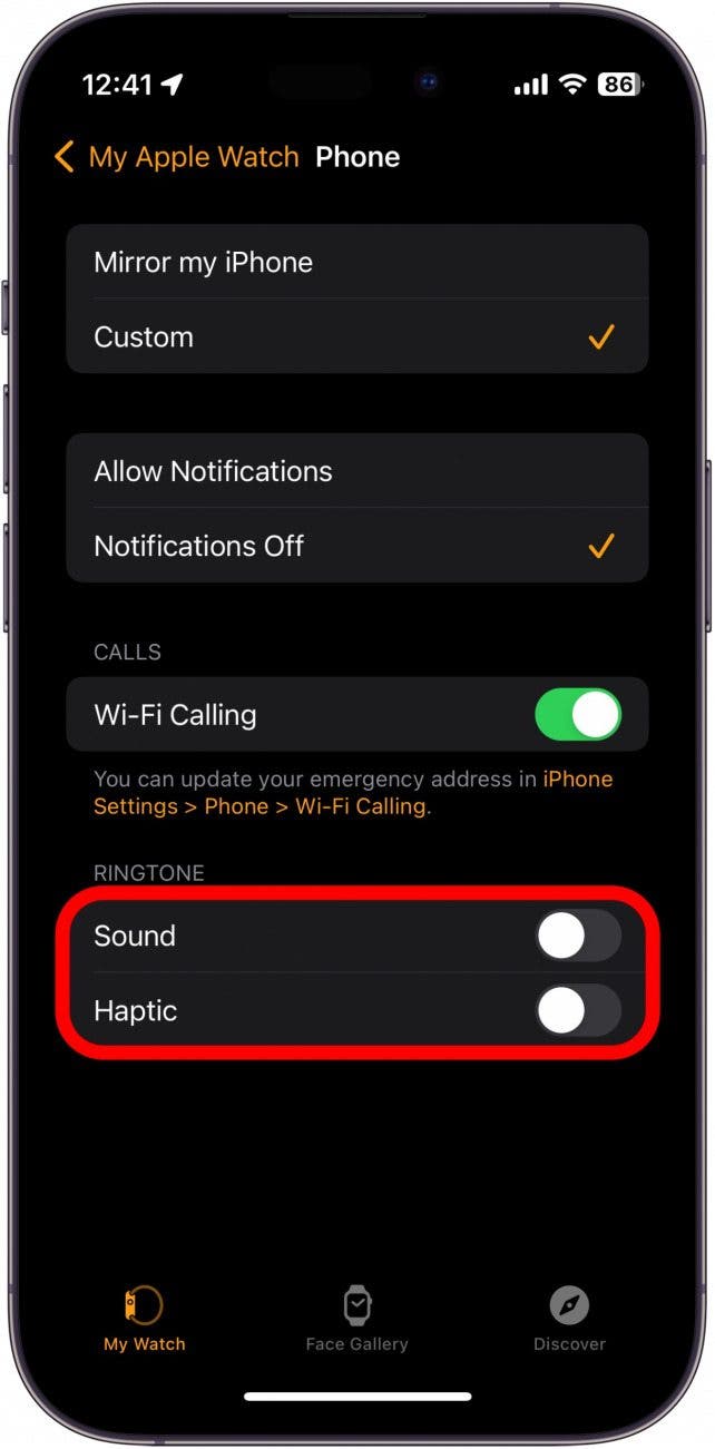 apple watch phone settings with sound and haptic toggles circled in red