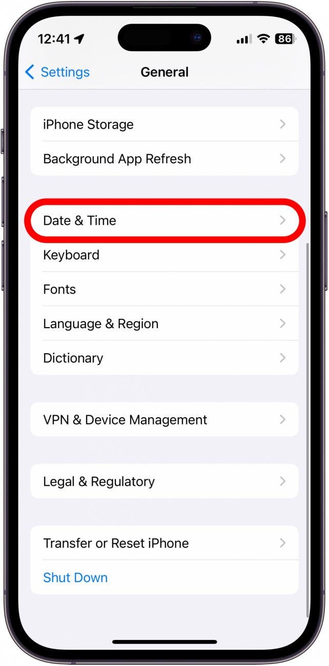 iphone general settings with date & time circled in red