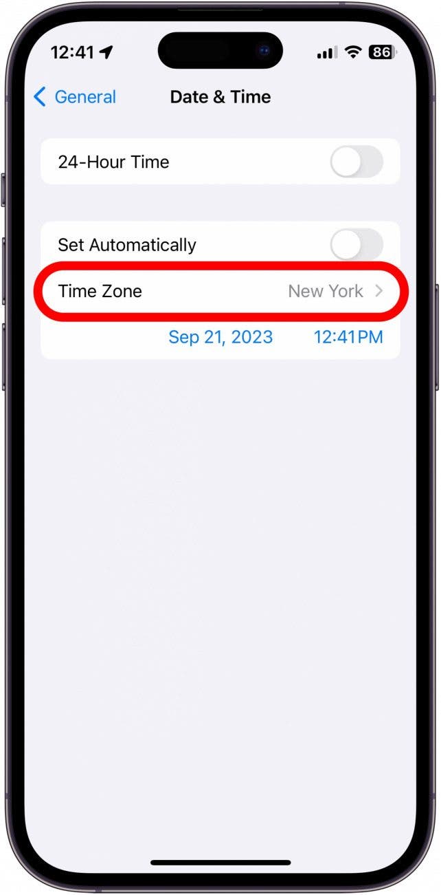 iphone date and time settings with time zone circled in red