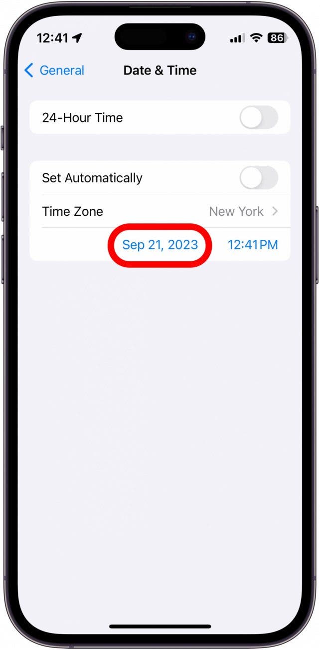 iphone date and time settings with date circled in red