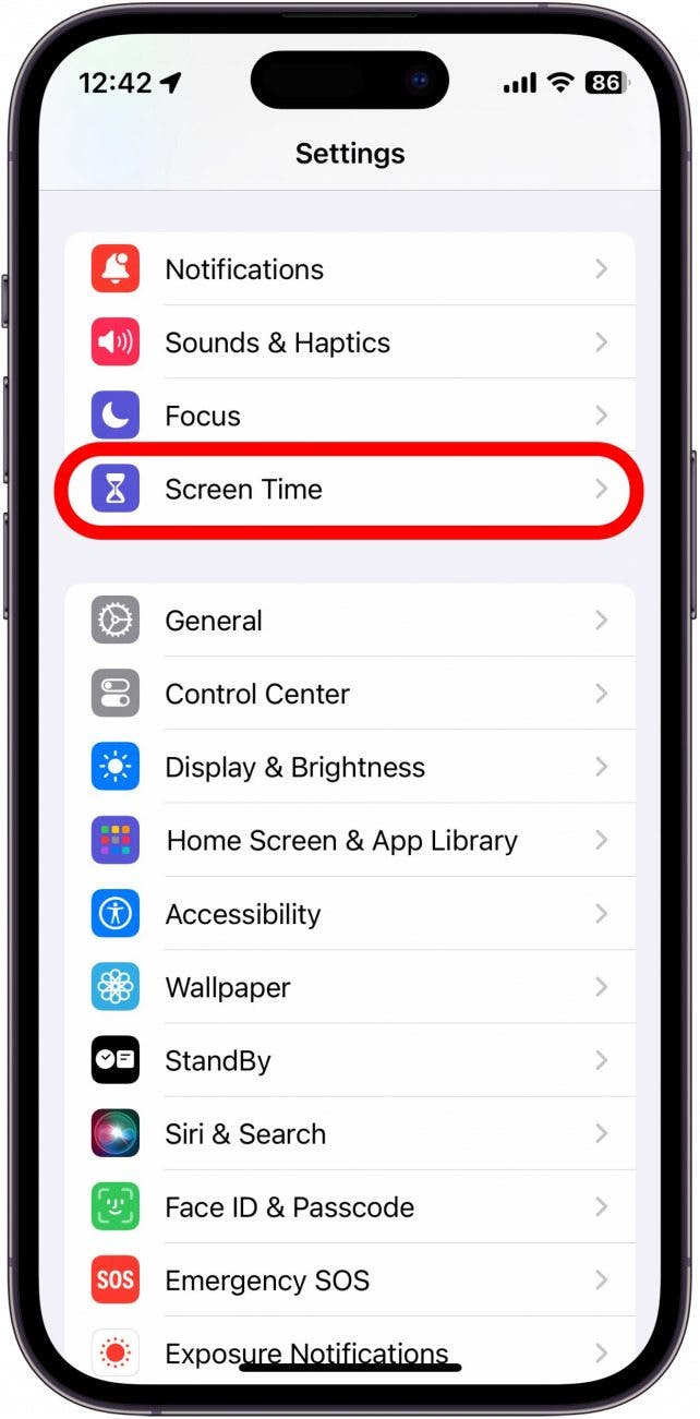 iphone settings with screen time circled in red