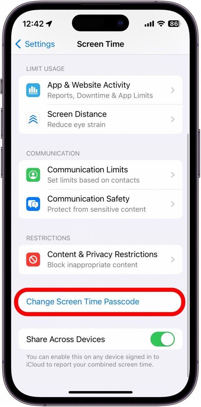 iphone screen time settings with change screen time passcode circled in red