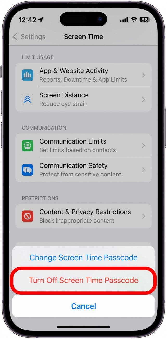 iphone screen time settings with turn off screen time passcode circled in red
