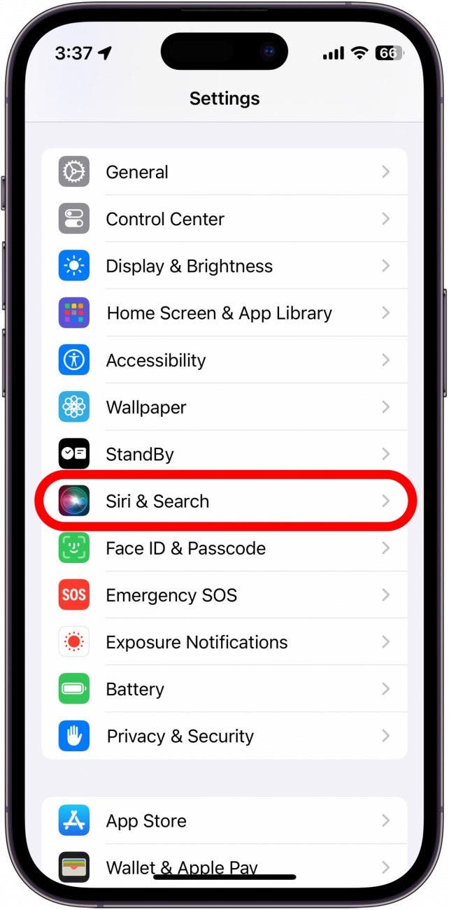 iphone settings with siri & search circled in red