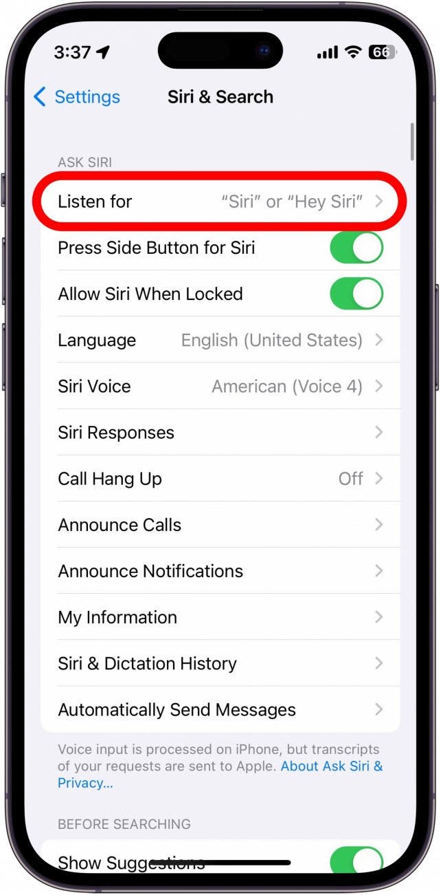 iphone siri settings with listen for circled in red