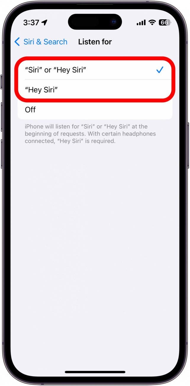 iphone siri listen for settings with two options circled in red. option 1: siri or hey siri, option 2: hey siri