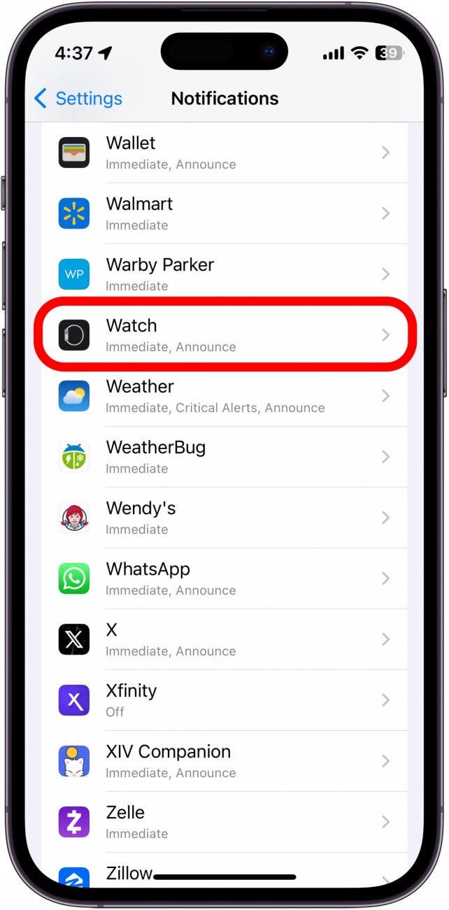 iphone notification settings with watch app circled in red