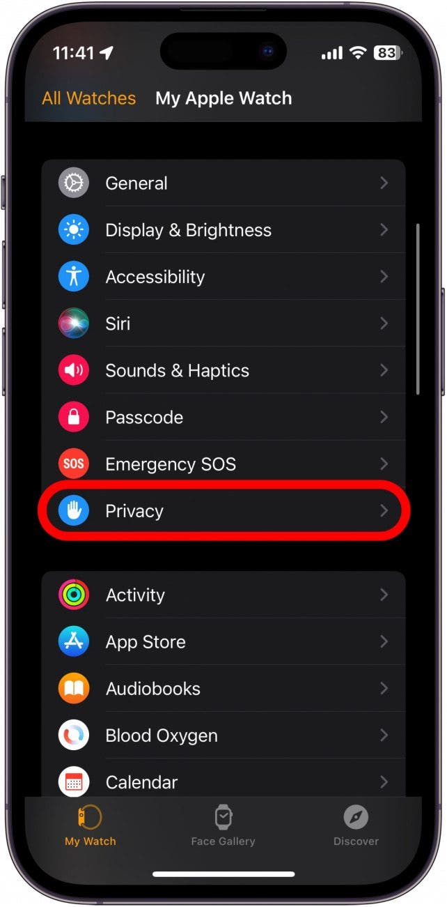 apple watch app with privacy circled in red