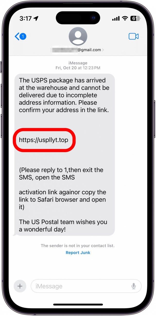 iphone text message with a url in the body of the message circled in red