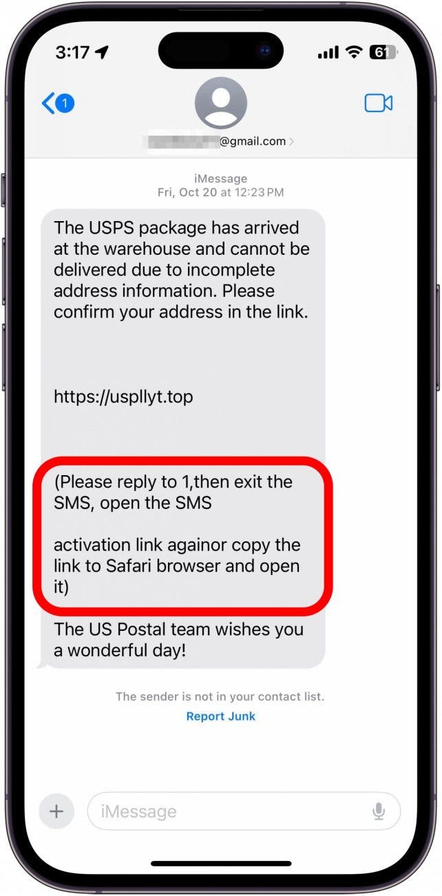 iphone text message with a poorly worded passage from the body of the message, which reads, "Please reply to 1, then exit the SMS, open the SMS activation link againor copy the link to Safari browser and open it"