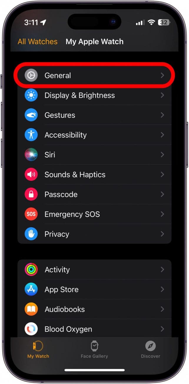iphone watch app with general circled in red