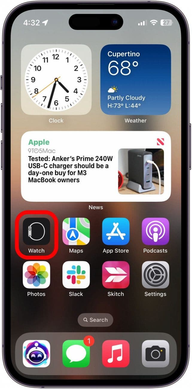 iphone home screen with watch app circled in red