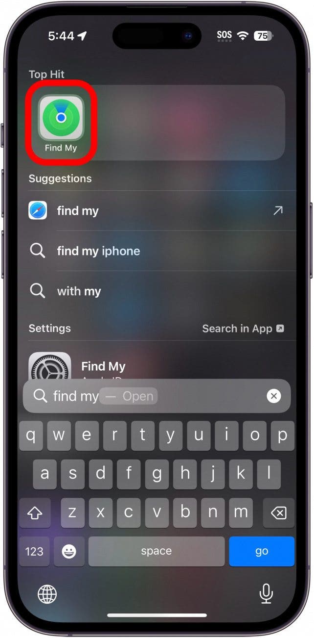 iphone spotlight search with find my app circled in red