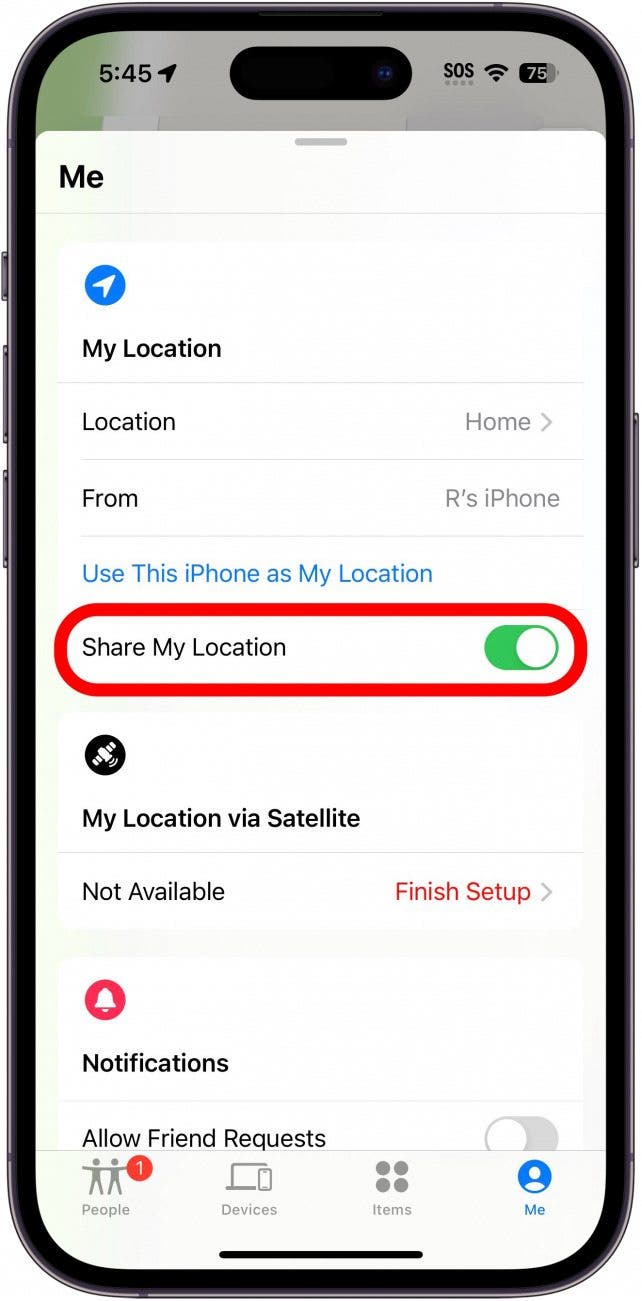 iphone find my app with active share location toggle circled in red