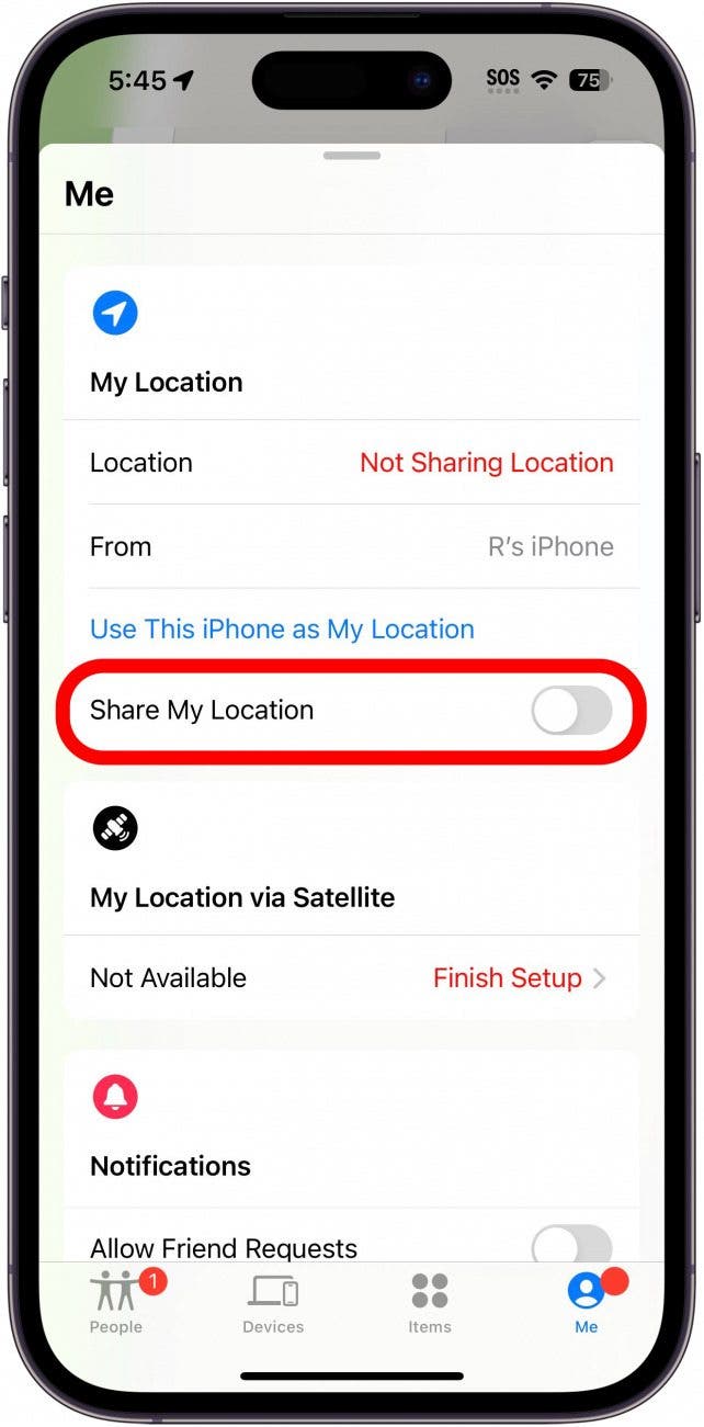 iphone find my app with disabled share location toggle circled in red