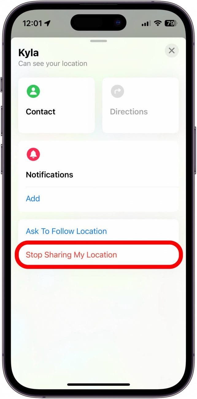 iphone find my people screen with stop sharing my location button circled in red 