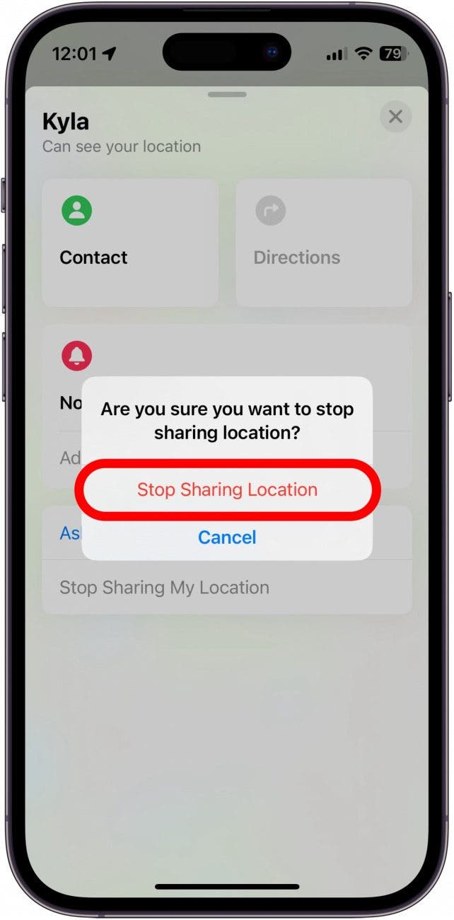 iphone stop sharing location confirmation window with stop sharing location circled in red