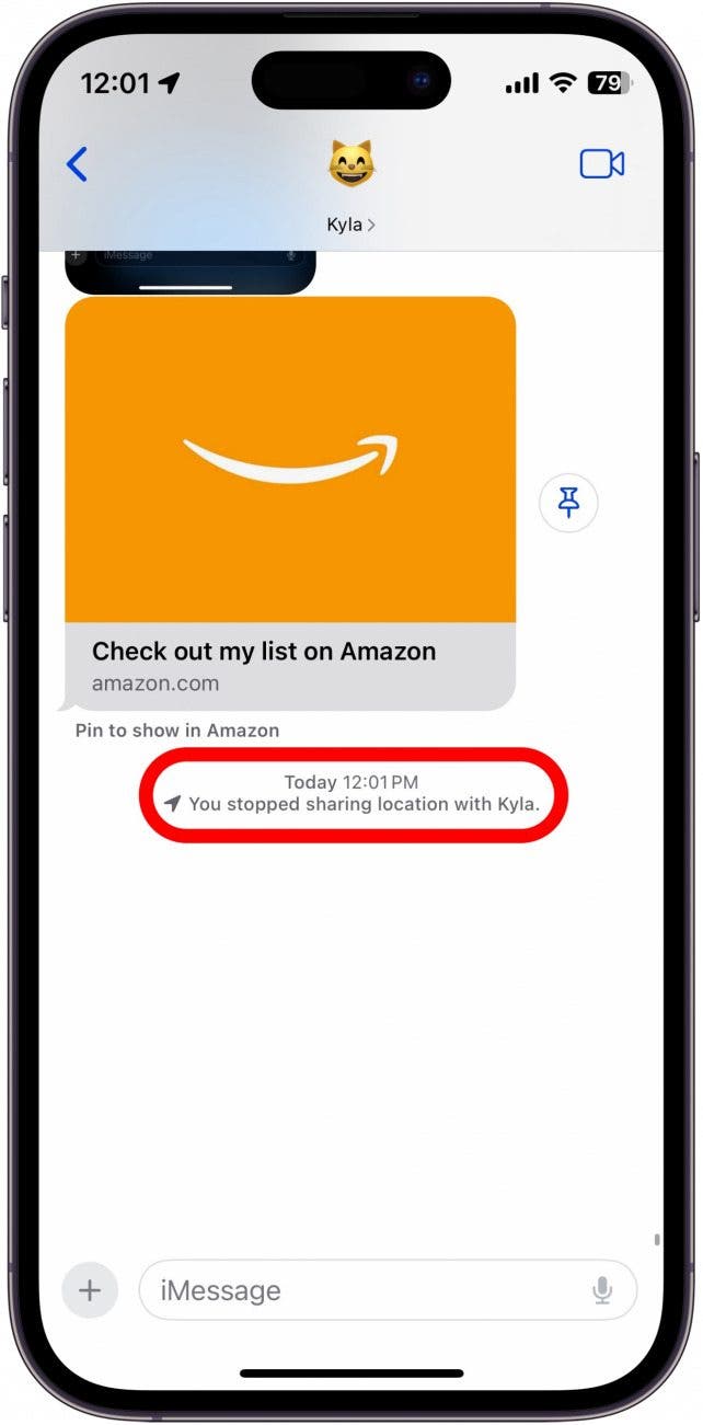iphone messages app with message stating "you stopped sharing location with kyla" circled in red