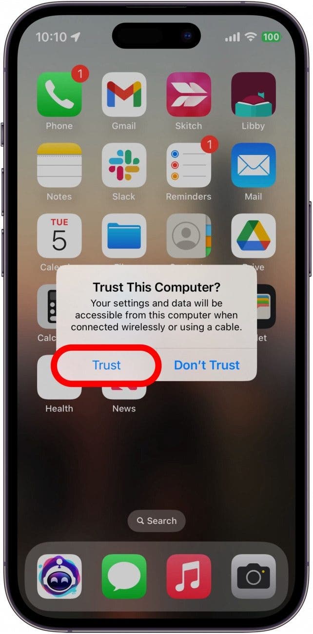 iphone home screen with a pop up asking if you want to trust or don't trust the computer it has been connected to