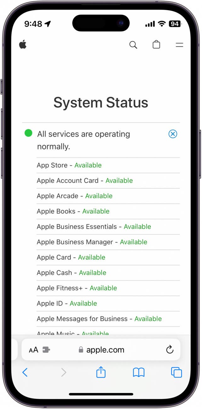 iphone safari screenshot displaying apple server status web page