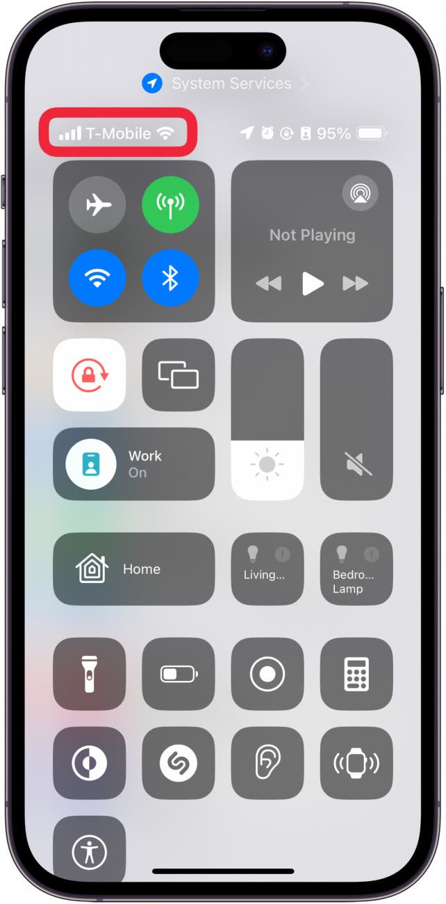 iphone control center with a red box around network connection status