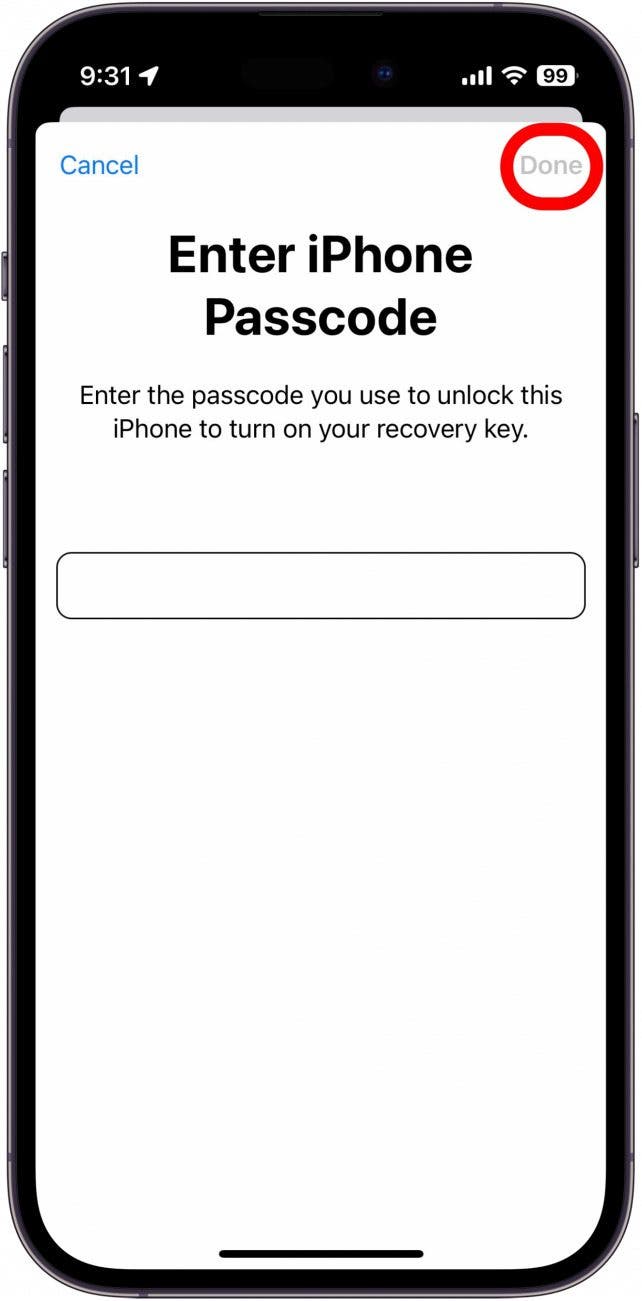 iphone recovery key setup, prompting the user to enter their iphone passcode with ared box around the next button