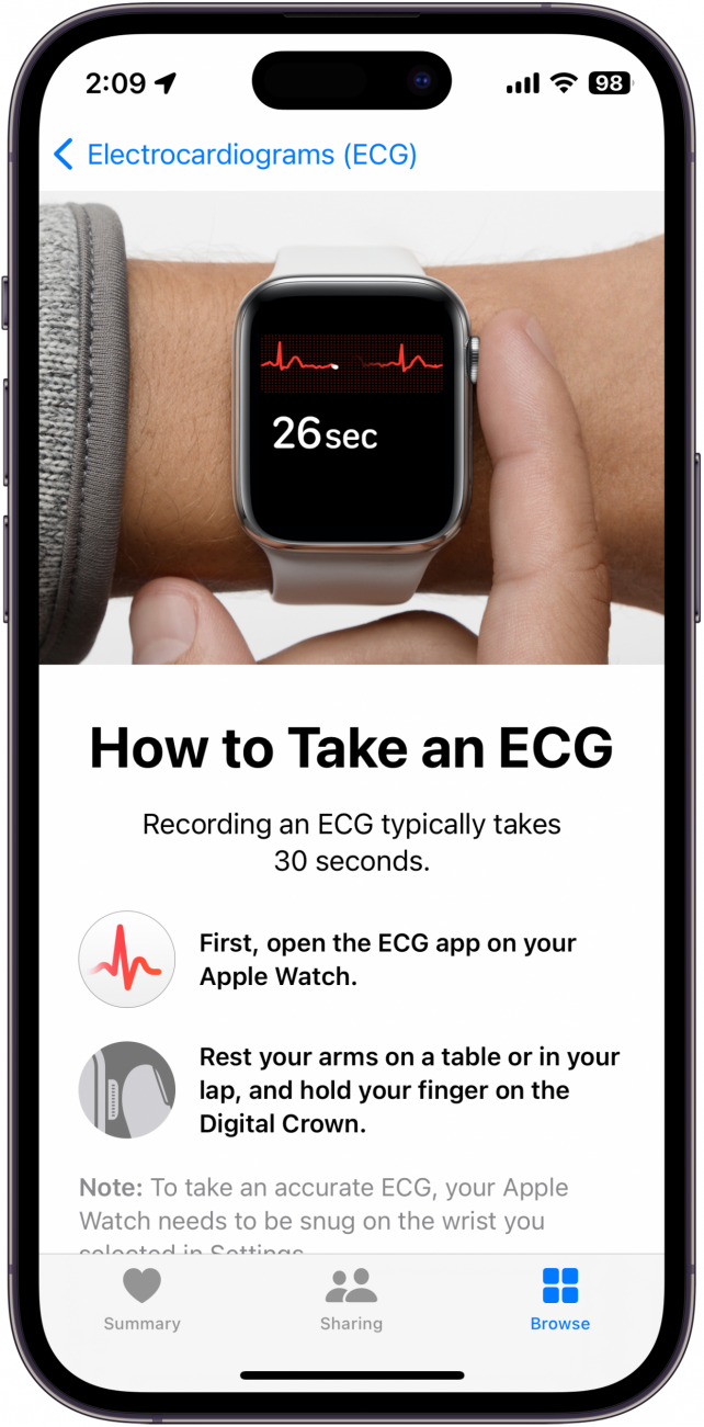 apple health app ecg screen displaying instructions on how to take an ECG on the apple watch