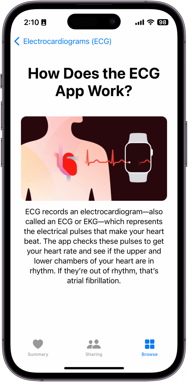 apple health app ecg screen displaying the question, "how does the ECG app work?" along with an explanation on the apple watch ecg app