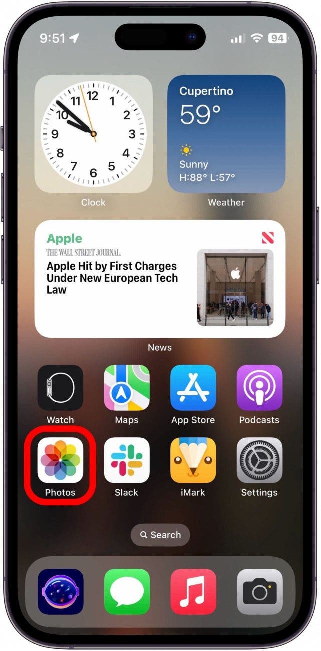 iphone home screen with a red box around the photos app