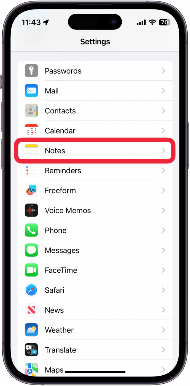 iphone settings app with a red box around notes