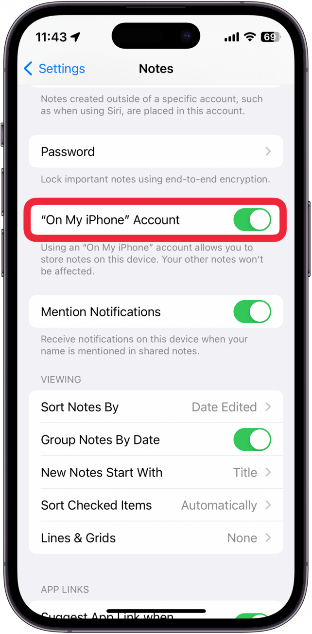 iphone notes settings with a red box around on my iphone account toggle