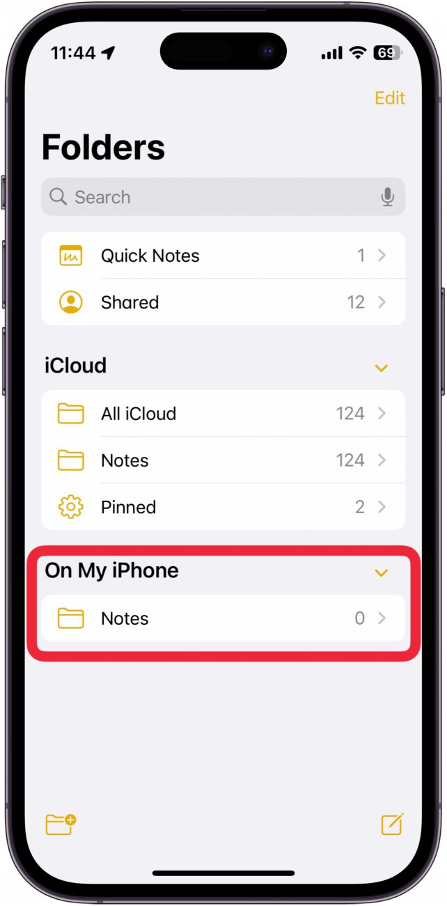 iphone notes app with a red box around on my iphone folder